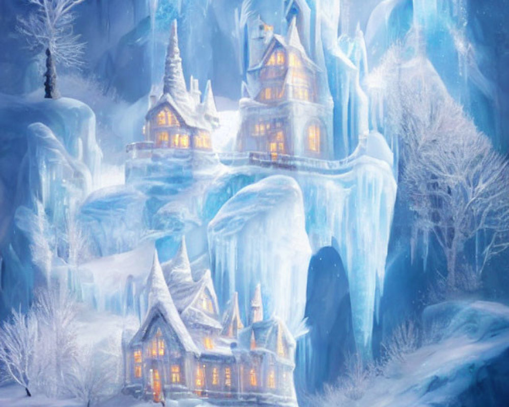 Enchanting illuminated ice castle in serene wintry landscape