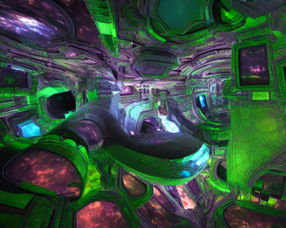 Futuristic spacecraft interior with vibrant green hues and intricate design