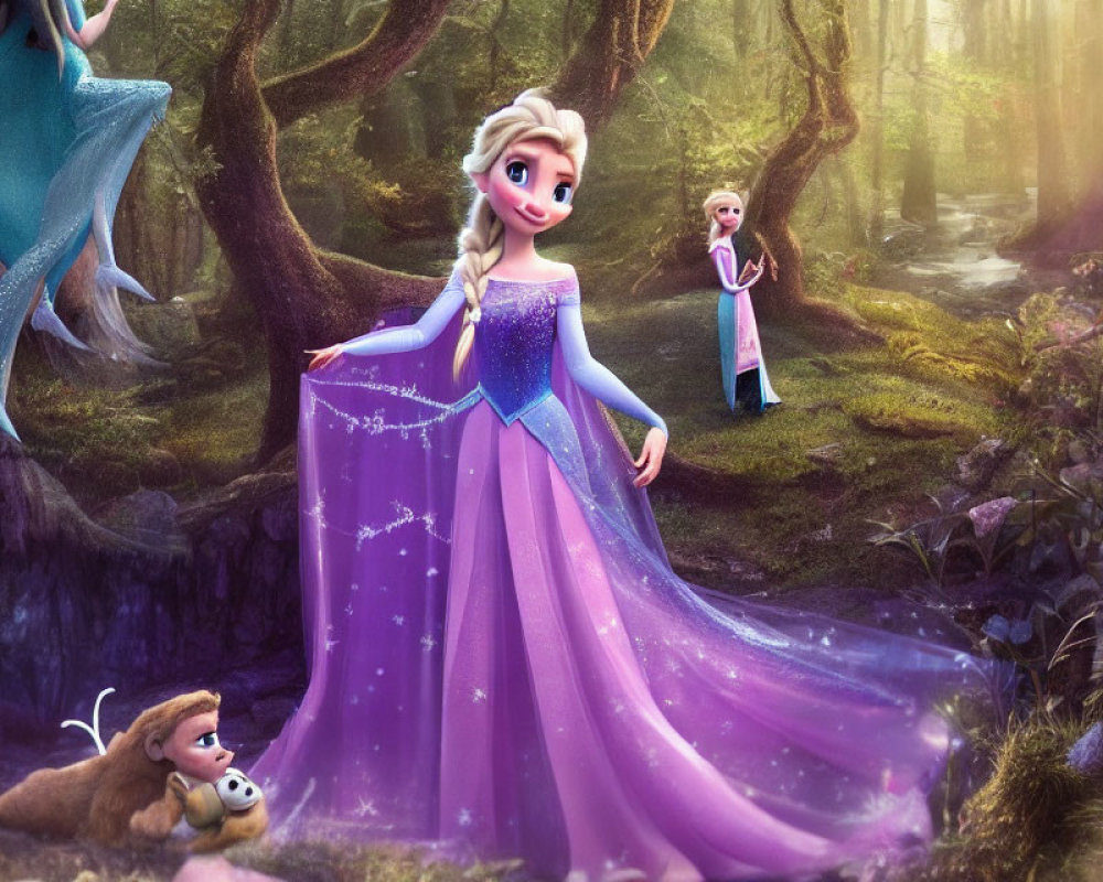 Colorful Animation Still: Character in Purple Dress in Enchanted Forest