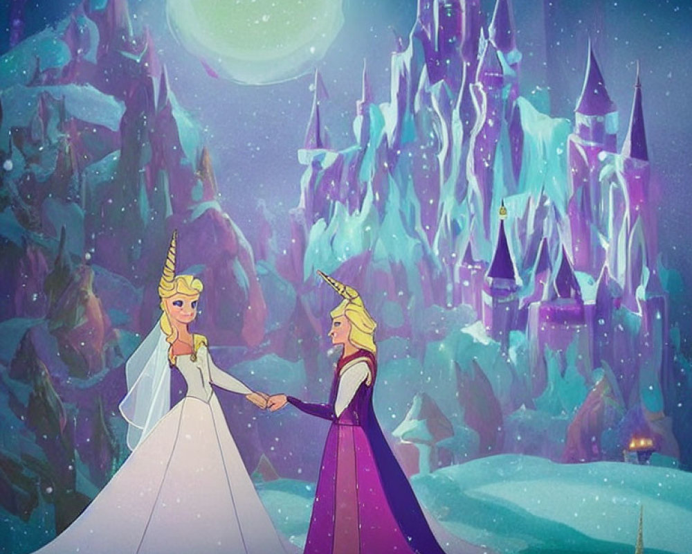 Animated princess characters in magical ice kingdom with castle and green moon.