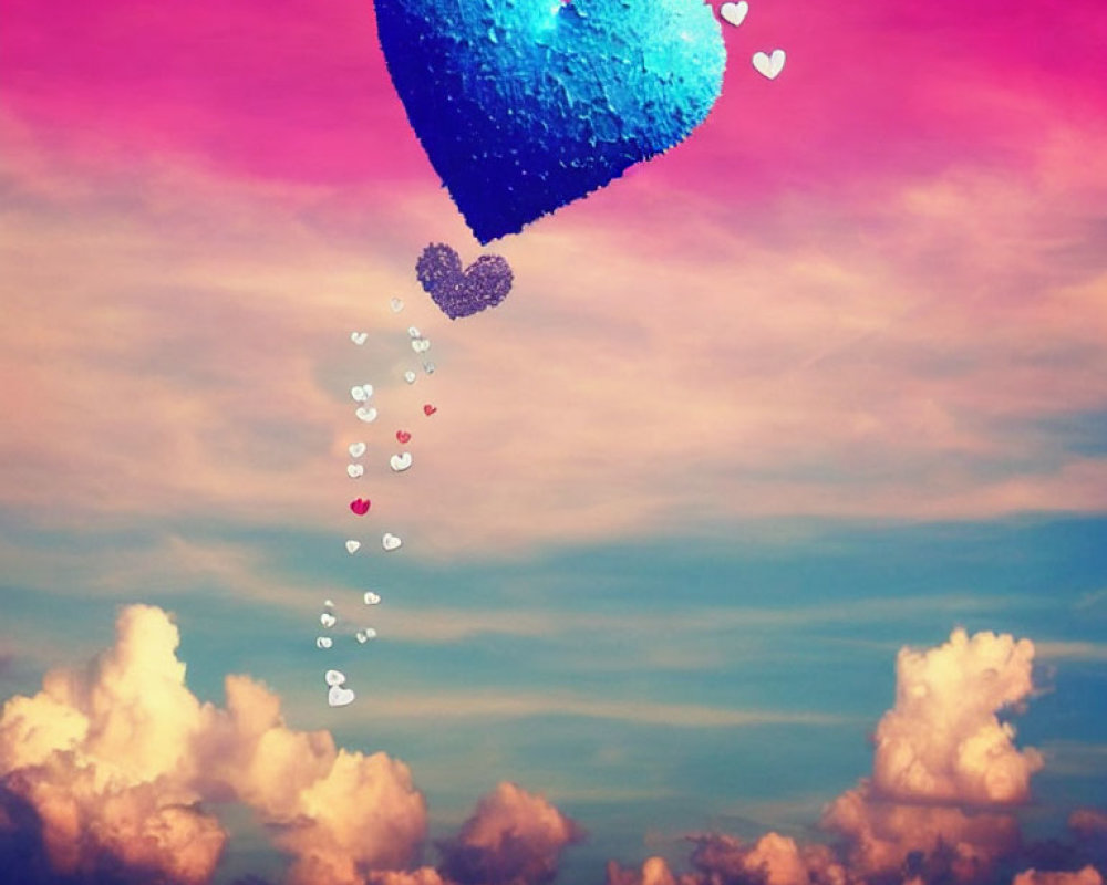 Blue Heart Floating in Pink and Blue Sky with Hearts and Clouds