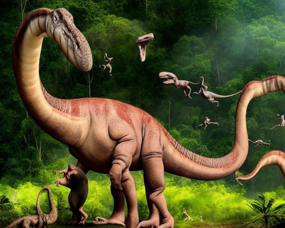 Prominent Brachiosaurus in Prehistoric Forest with Dinosaurs