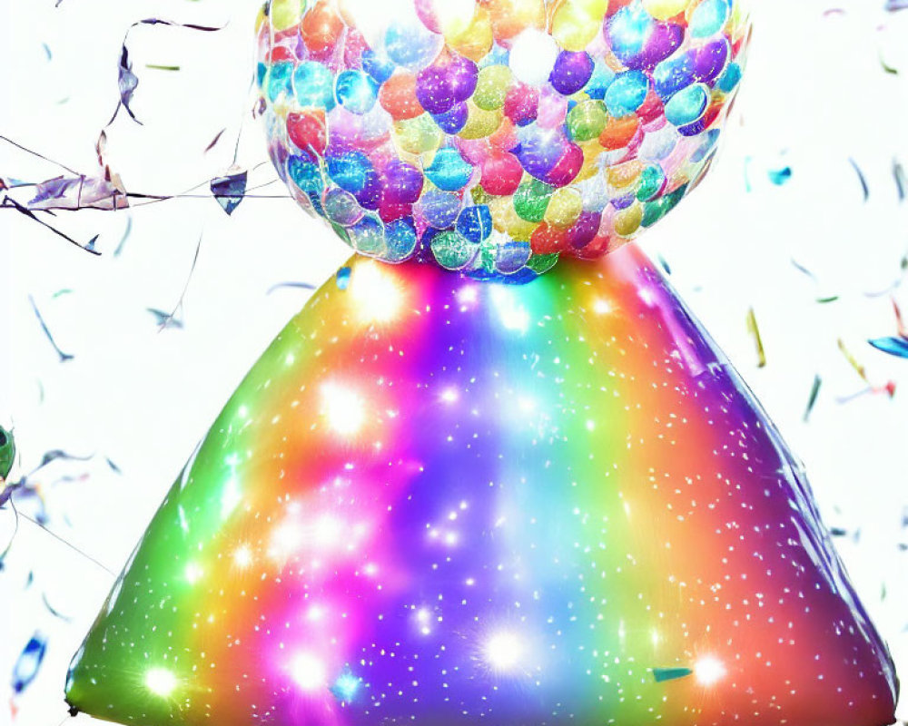 Vibrant galaxy-print balloon on shiny iridescent cone with sparkles