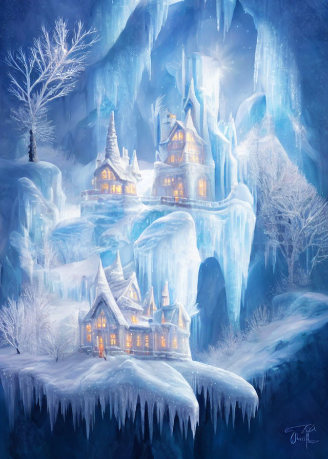 Enchanting illuminated ice castle in serene wintry landscape