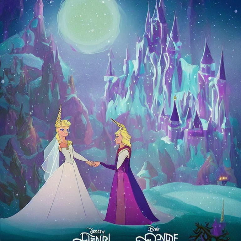 Animated princess characters in magical ice kingdom with castle and green moon.
