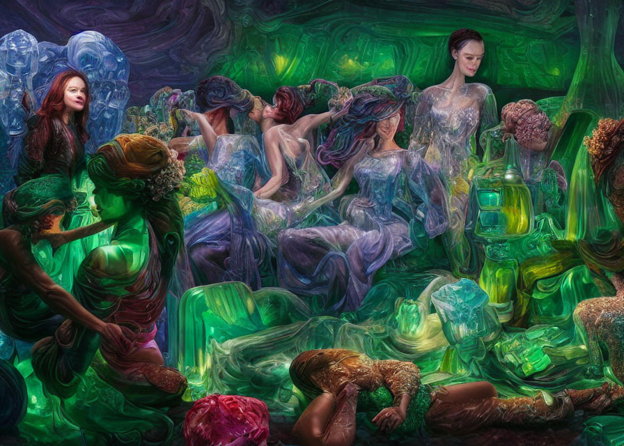 Ethereal women in gem-like structures with green and purple palette