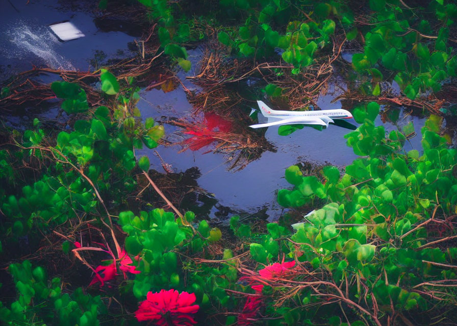 White Toy Plane Among Green Water Plants and Pink Flowers in Dark Water