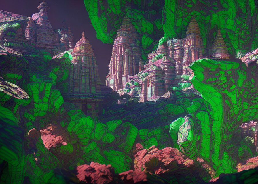 Vibrant green and pink landscape with towering rock formations and temple-like structures