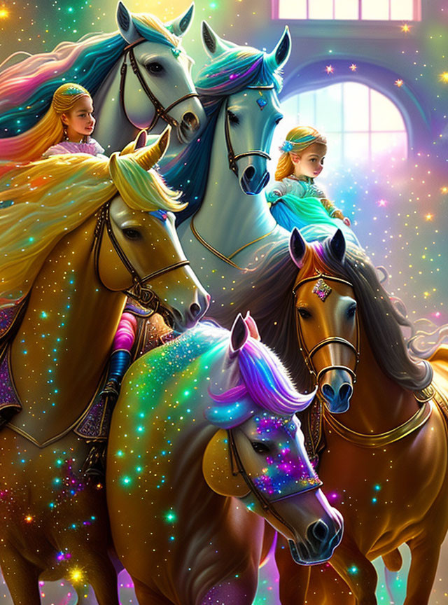 Illustration: Two girls riding celestial horses in warm light