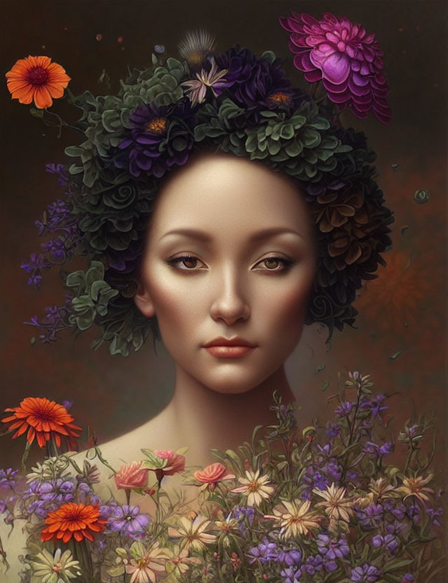 Woman with Floral Headdress and Matching Flowers in Serene Portrait