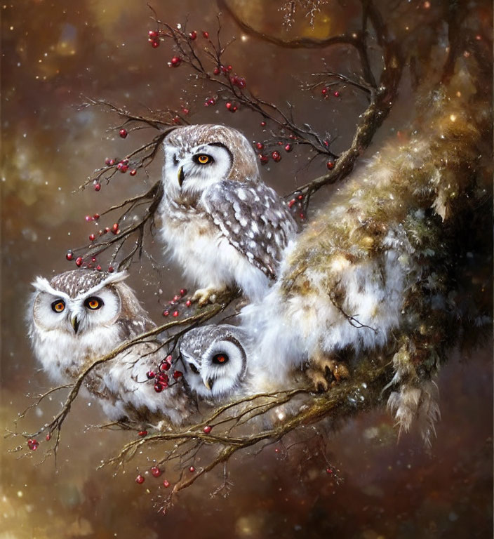 Three Owls Perched on Moss-Covered Branch with Red Berries
