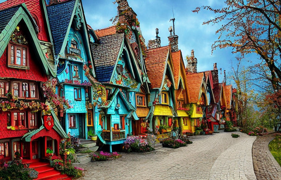 Vibrant fairytale-like houses on colorful street surrounded by lush greenery