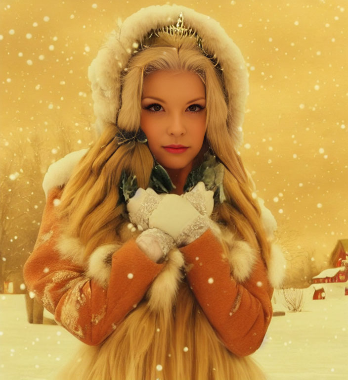 Woman in fur hood and gloves holding snowball in snowy landscape