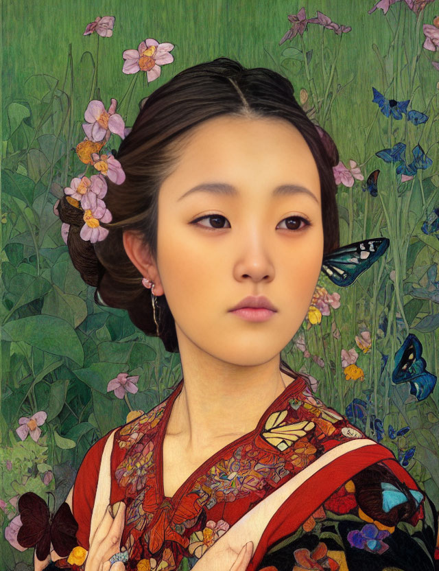 Young woman in floral kimono surrounded by butterflies and flowers.