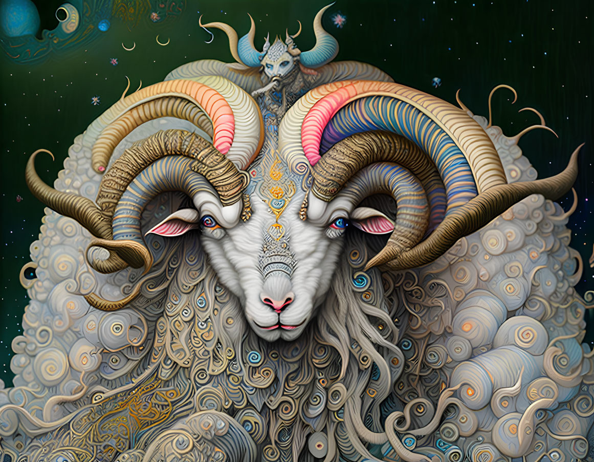 Ornate rams with swirling horns in surreal illustration