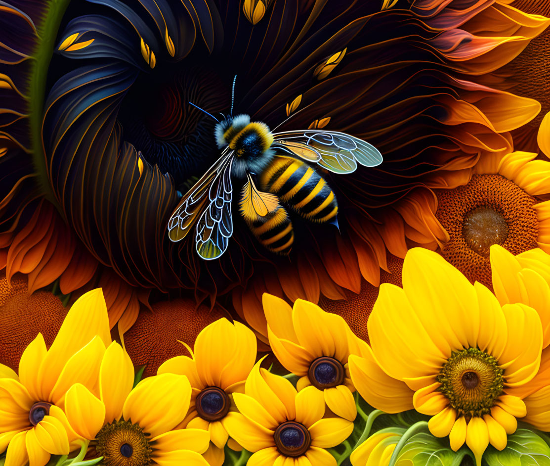 Detailed digital artwork: Bee on sunflowers with dark background