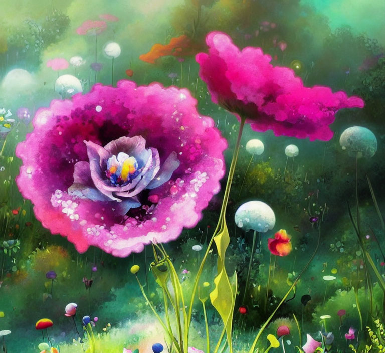 Colorful fantasy art: Large pink flower, blossoming plants, and floating orbs in vibrant meadow