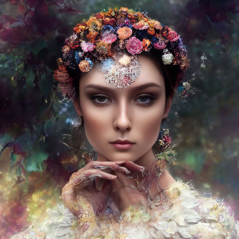 Floral crown woman with intricate makeup in soft natural setting
