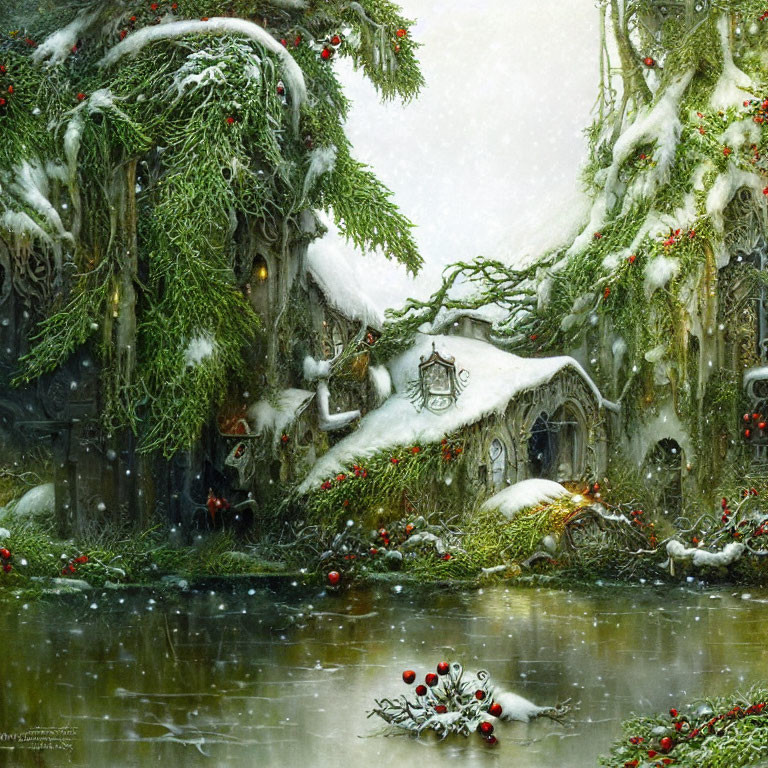 Snow-covered cottage, frozen pond, red berries, and snowy trees in enchanting winter scene