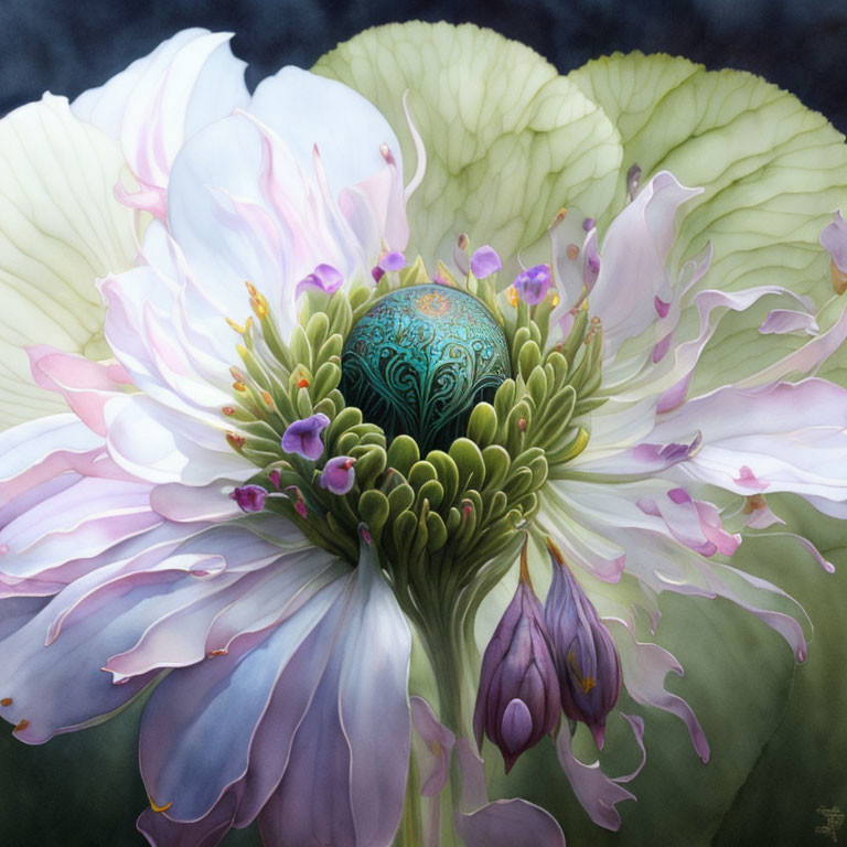 Detailed painting of fantastical purple and white flower on dark background