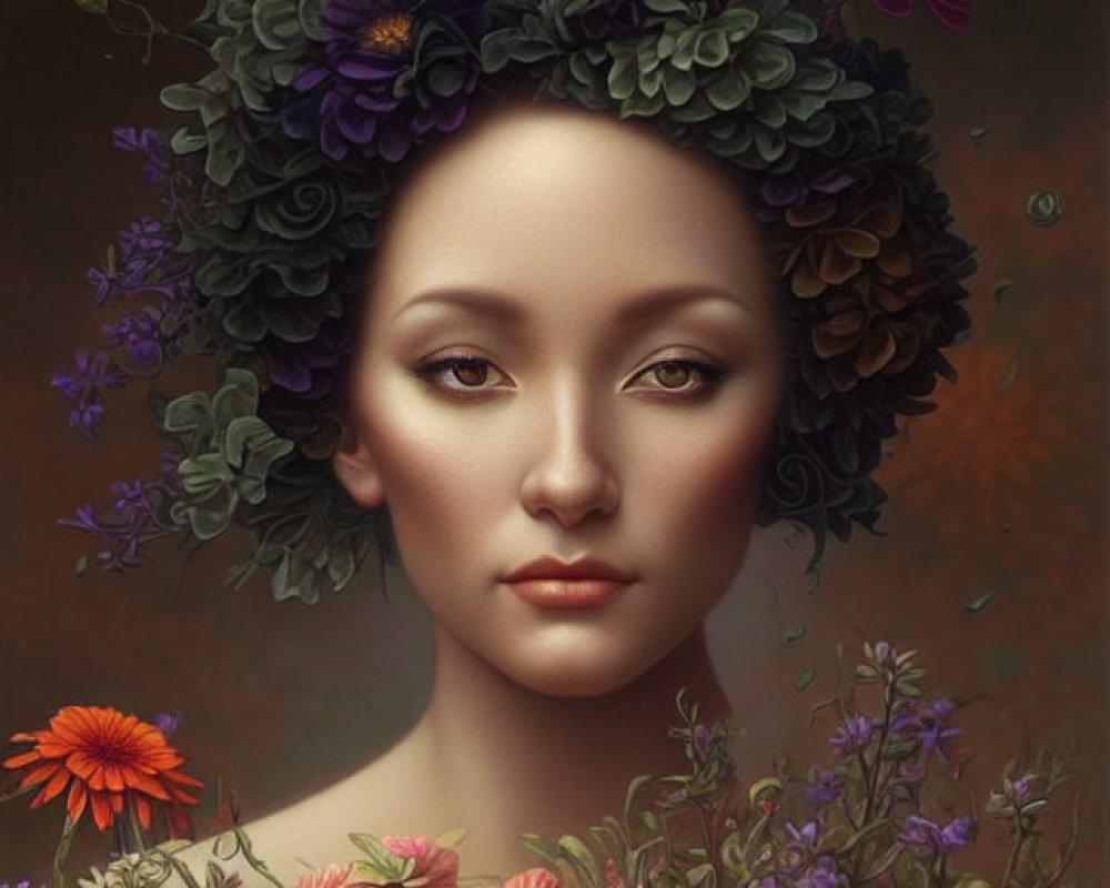 Woman with Floral Headdress and Matching Flowers in Serene Portrait