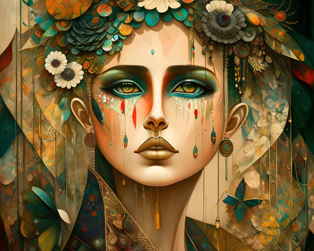 Stylized portrait of a woman with vibrant green eyes and floral elements