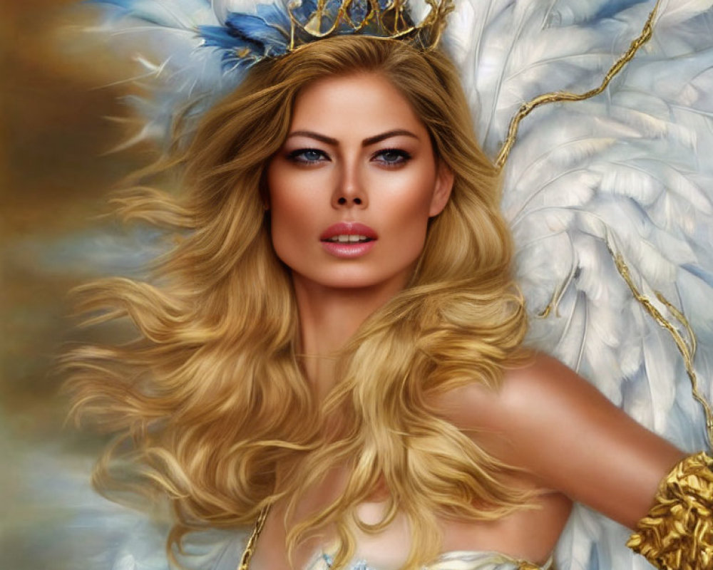 Digital artwork of majestic angelic woman with blonde hair, blue eyes, golden crown, and white wings