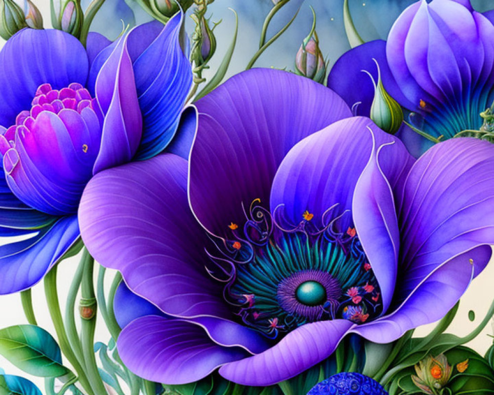 Surreal purple flowers with intricate patterns and green foliage in vibrant digital art
