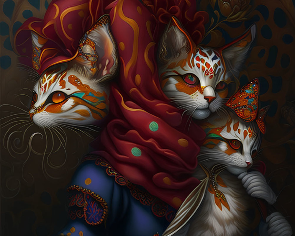Three Cats in Medieval Costumes with Elaborate Headpieces