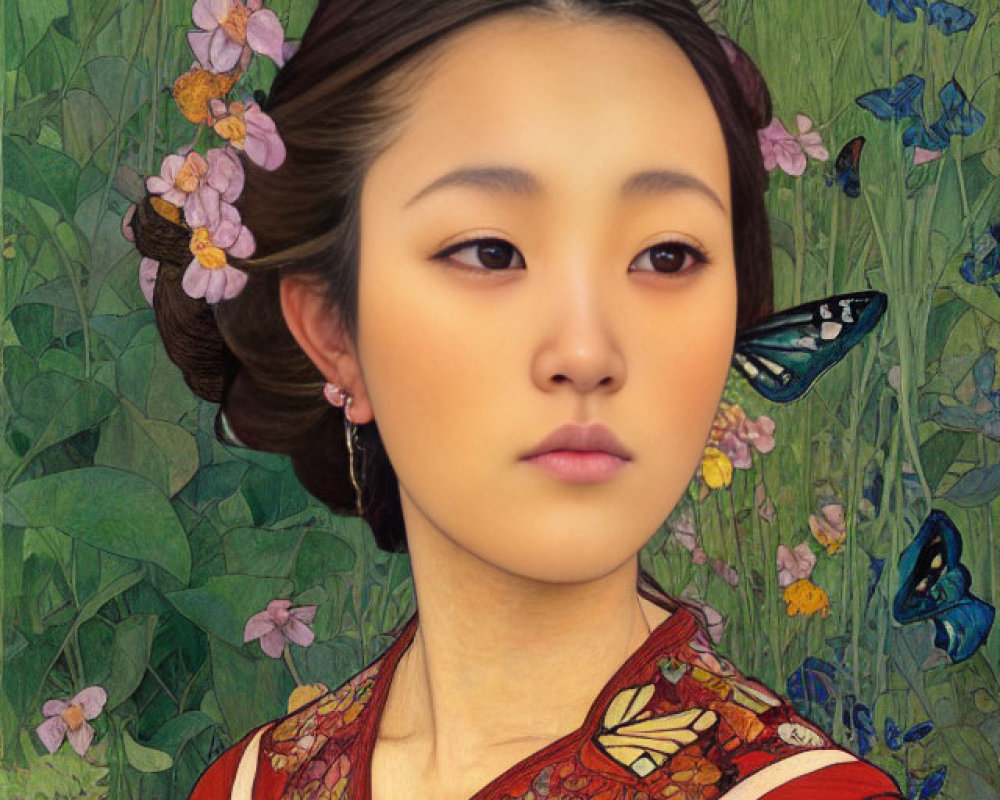 Young woman in floral kimono surrounded by butterflies and flowers.