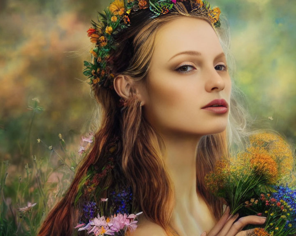 Woman with floral crown and bouquet in dreamy setting among flowers