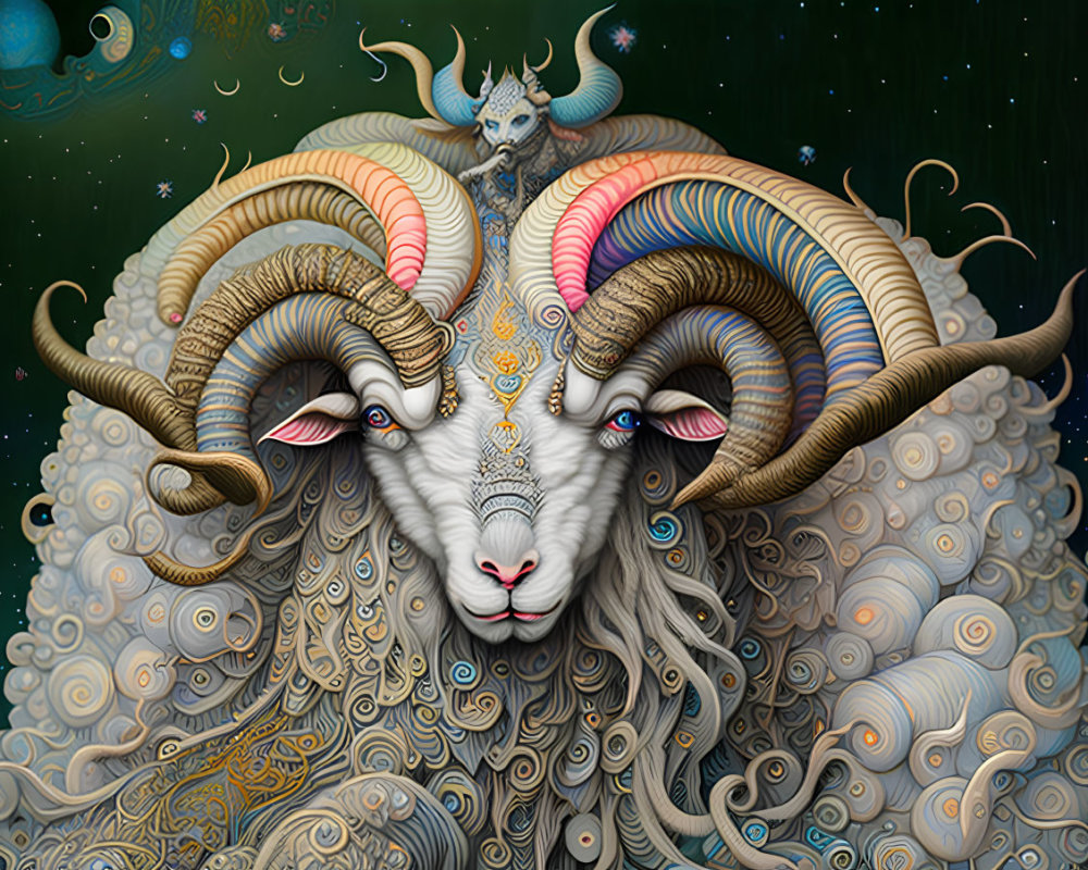 Ornate rams with swirling horns in surreal illustration