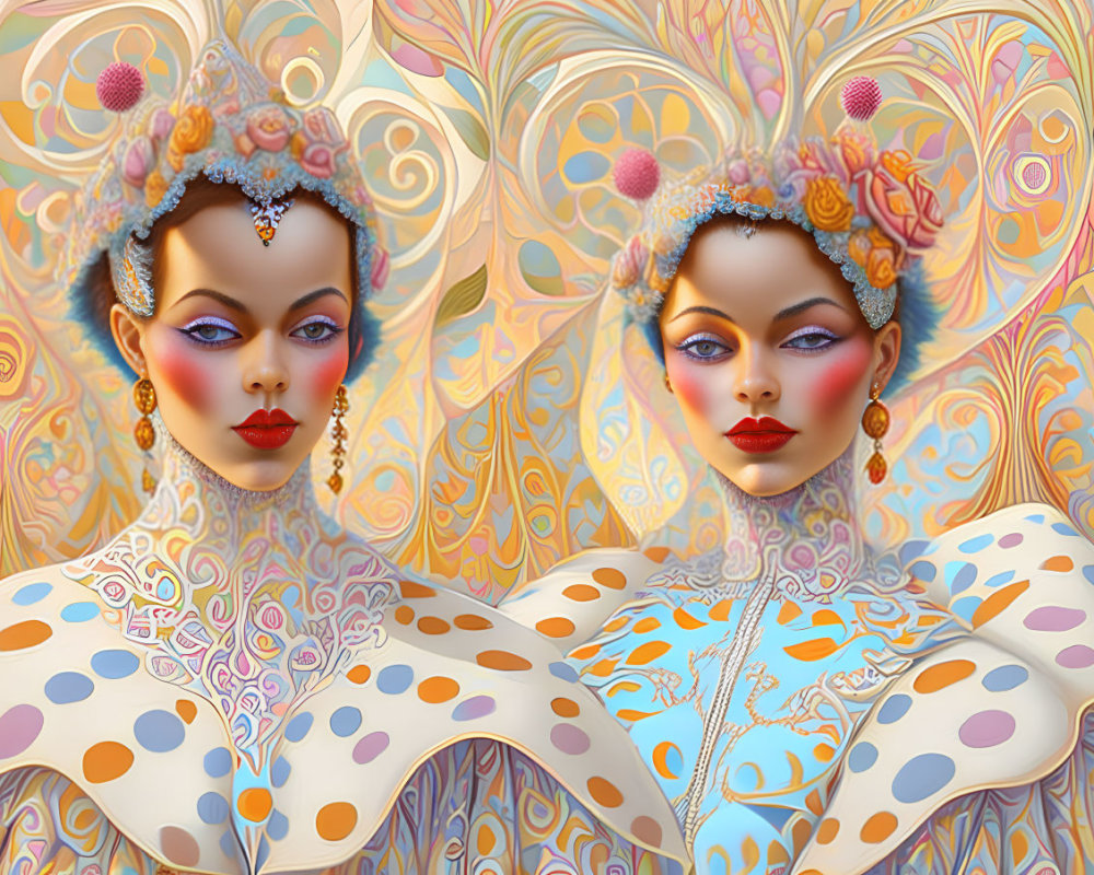 Colorful Twin Female Figures in Ornate Dresses and Headdresses on Swirling Background