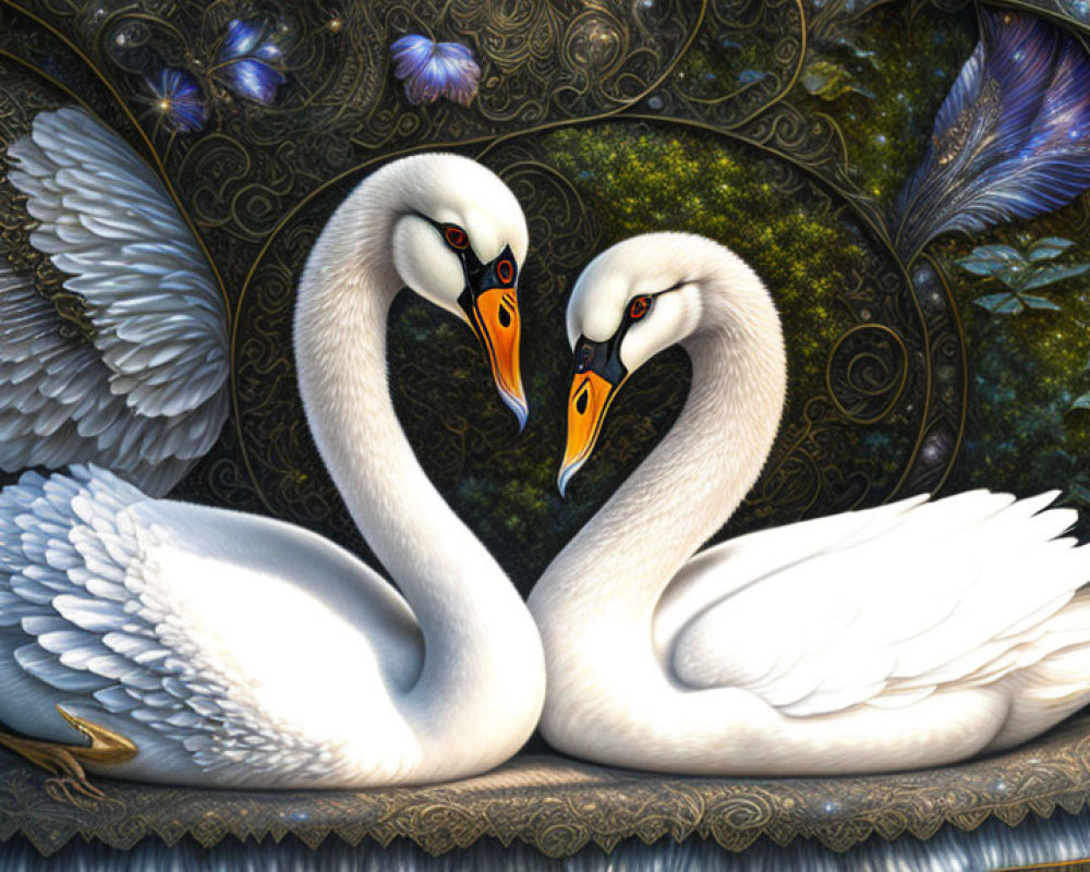 Swans Form Heart Shape on Mystical Background with Butterflies