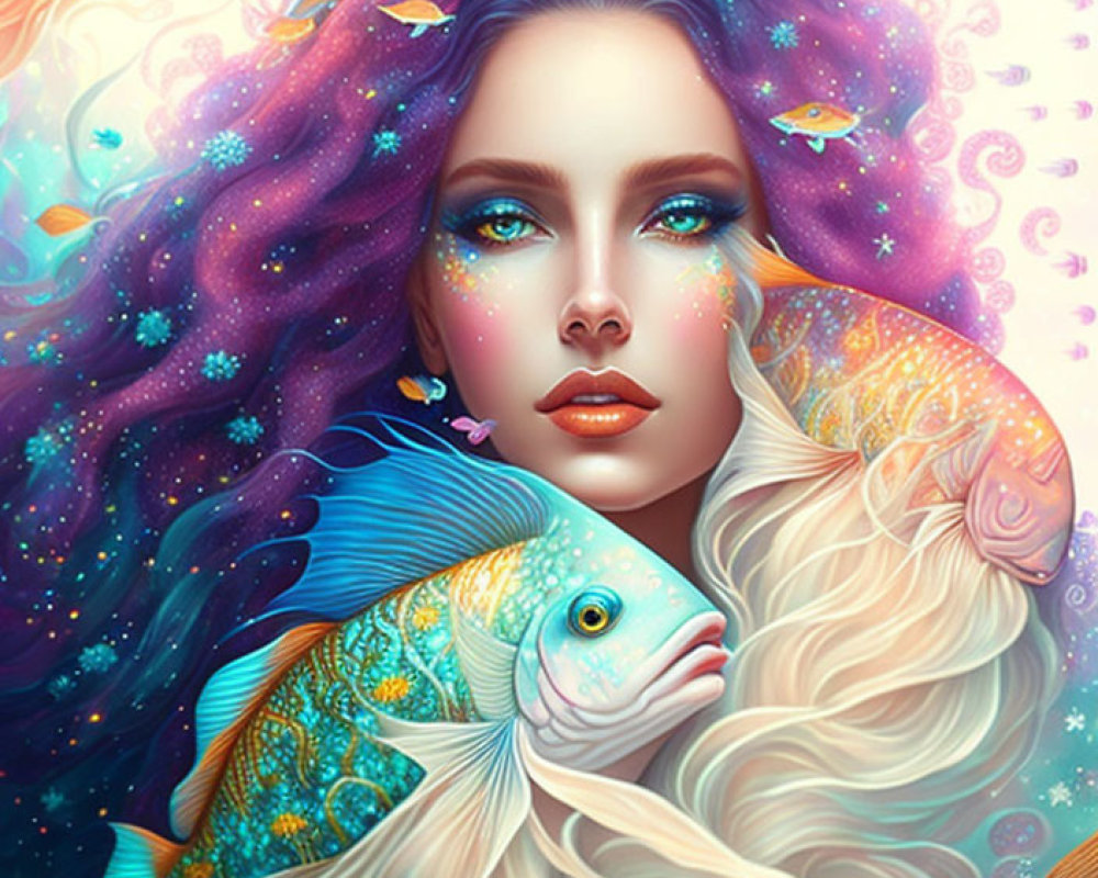 Fantasy portrait: Woman with vibrant, flowing hair and celestial & aquatic elements