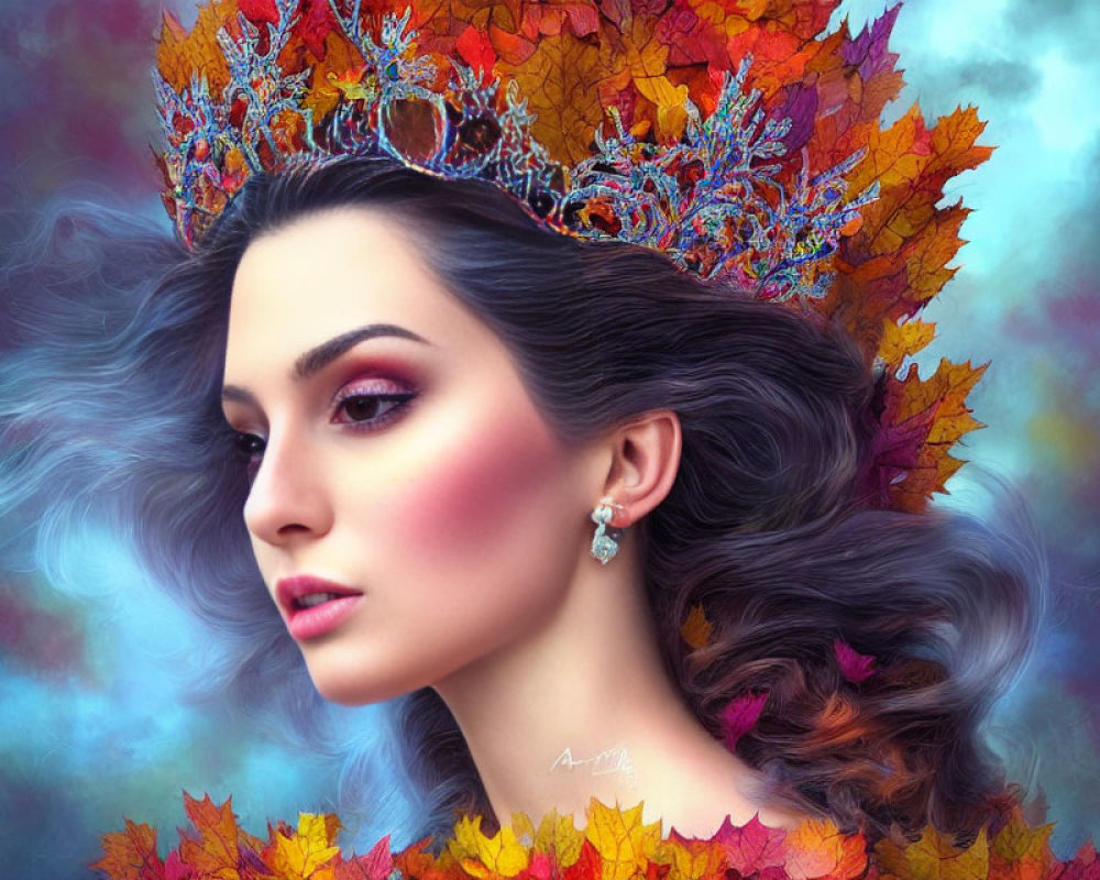 Woman with Autumn Leaf Crown in Vibrant Colors amid Whimsical Setting