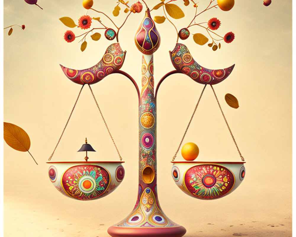 Ornate balance scale with vibrant patterns and flora