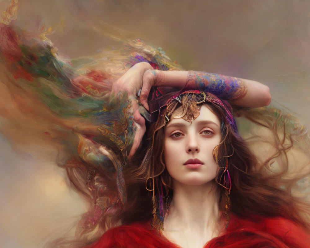 Mystical woman in red attire with jewel tiara and swirling colors