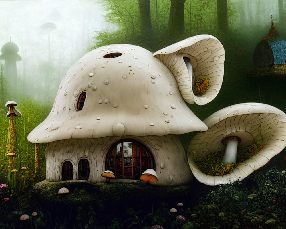Whimsical mushroom-shaped house in forest setting