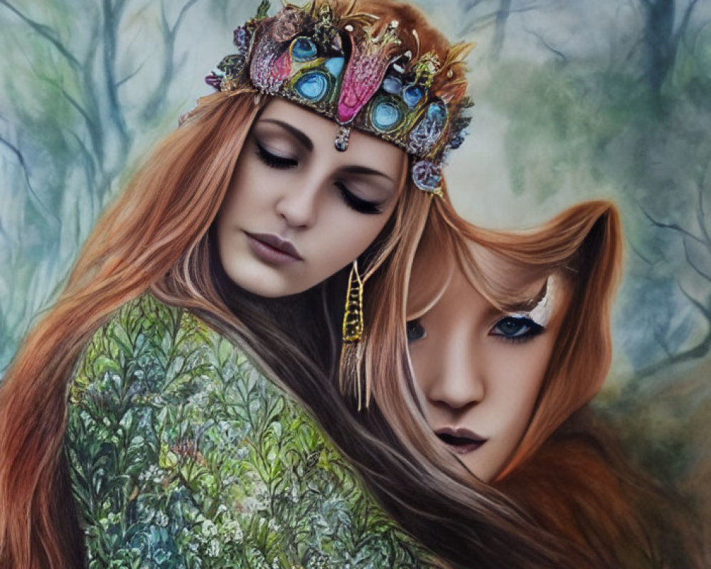 Illustrated woman with auburn hair embraces mirrored self in leafy backdrop
