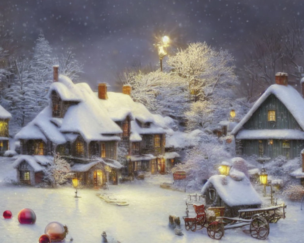 Snowy Village Scene with Cottages, Christmas Tree, Ornaments, and Snowflakes
