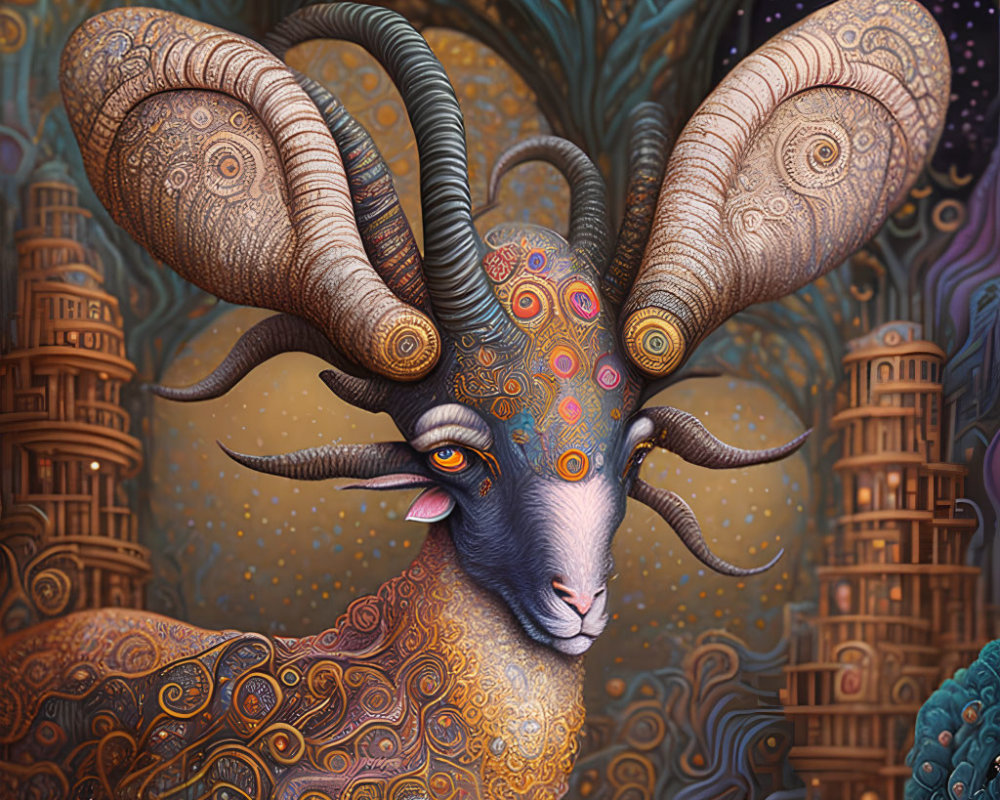 Colorful stylized ram illustration with intricate patterns and swirling horns on ornate tower background.