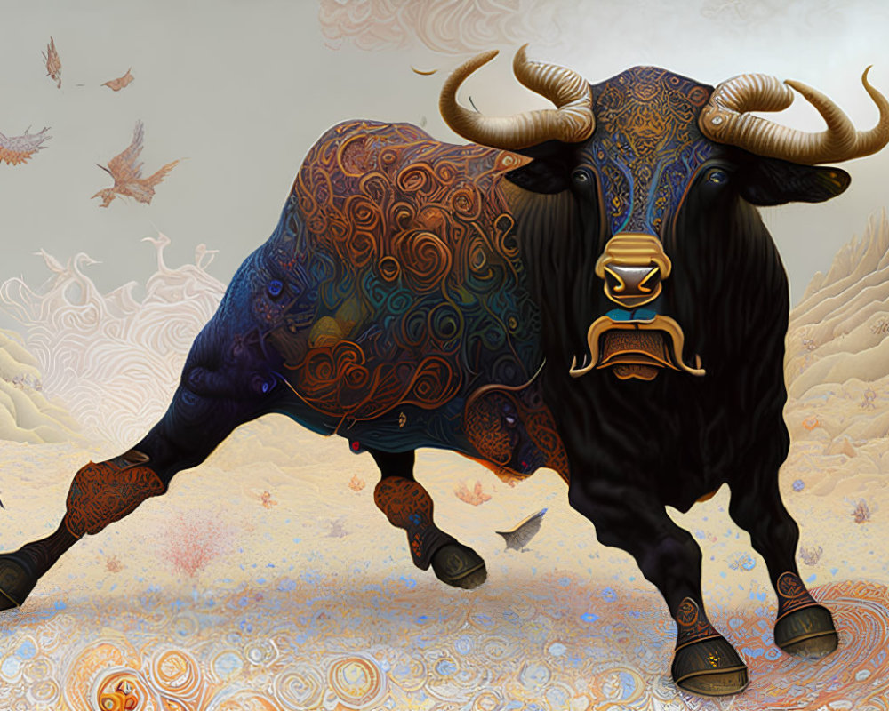Surrealist image of decorated bull with intricate patterns and ornate horns