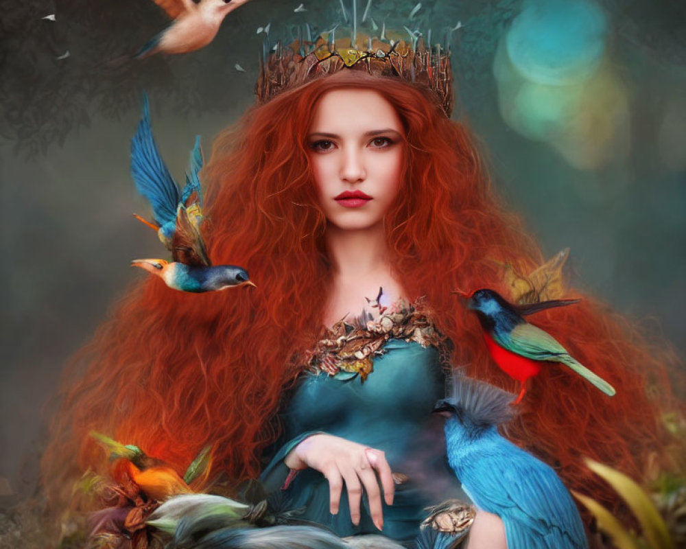 Regal woman with red hair and crown among vibrant birds in mystical forest