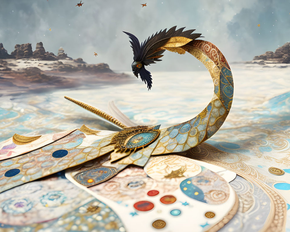 Intricate dragon and elegant bird in mystical desert landscape