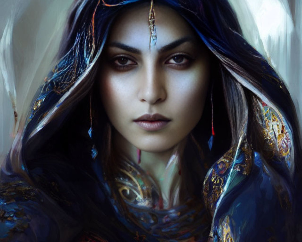Digital painting of woman in blue hood with intense gaze