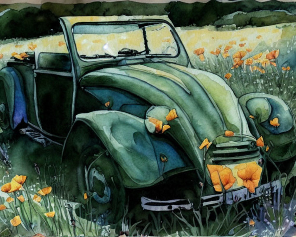 Watercolor painting of classic car in lush greenery with yellow flowers