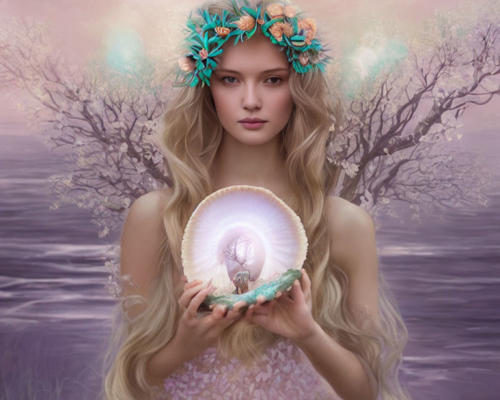 Woman with Floral Crown Holding Pearl Shell in Mystical Landscape