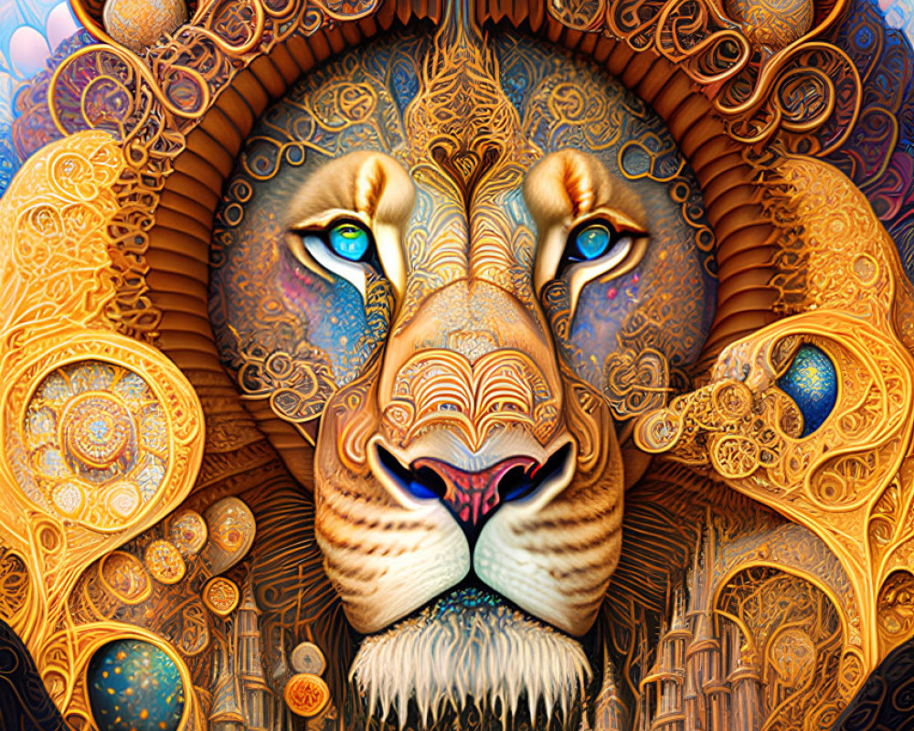 Colorful Lion Artwork with Blue Eyes and Ornate Celestial Motifs