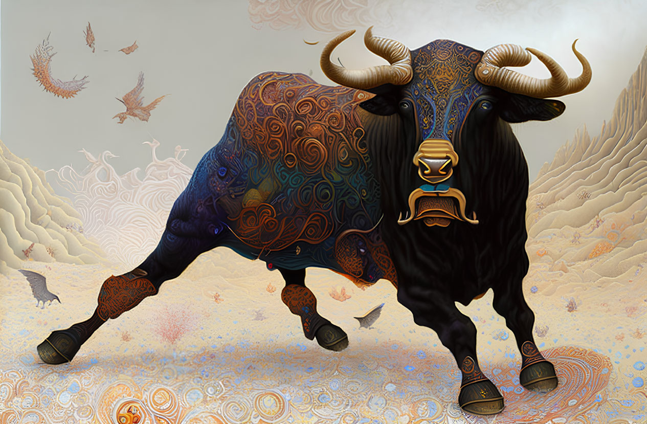 Surrealist image of decorated bull with intricate patterns and ornate horns